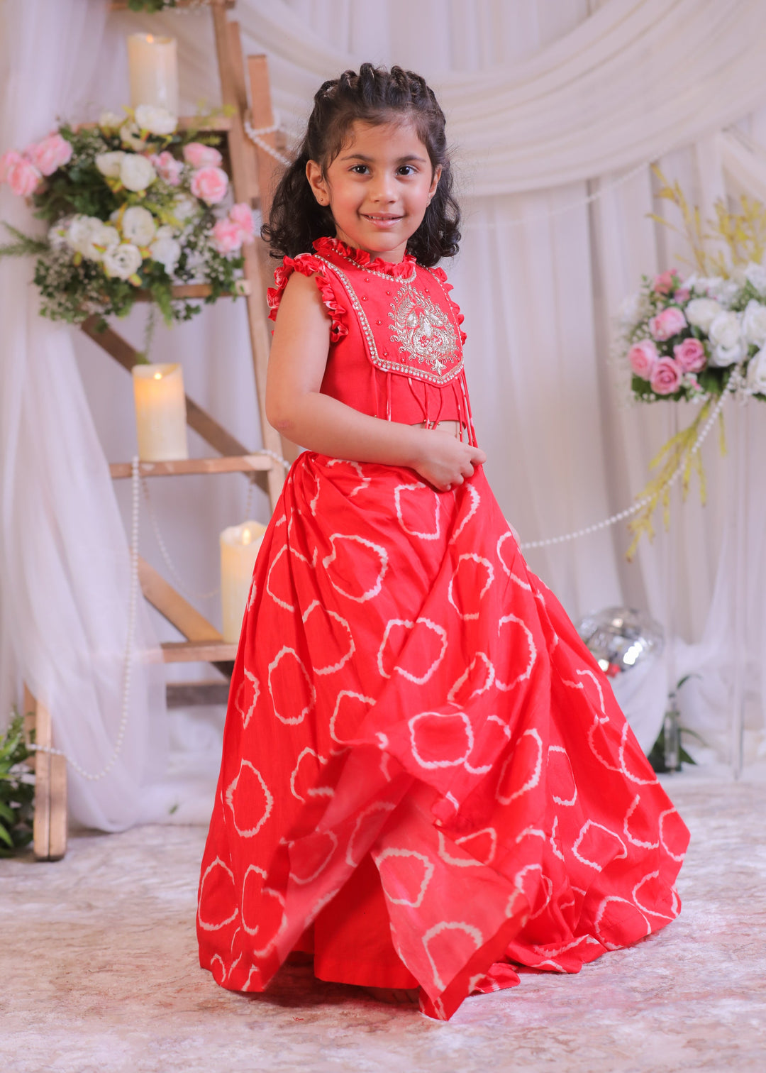 Red Bandhej Embroidered Top With Ghagra Set