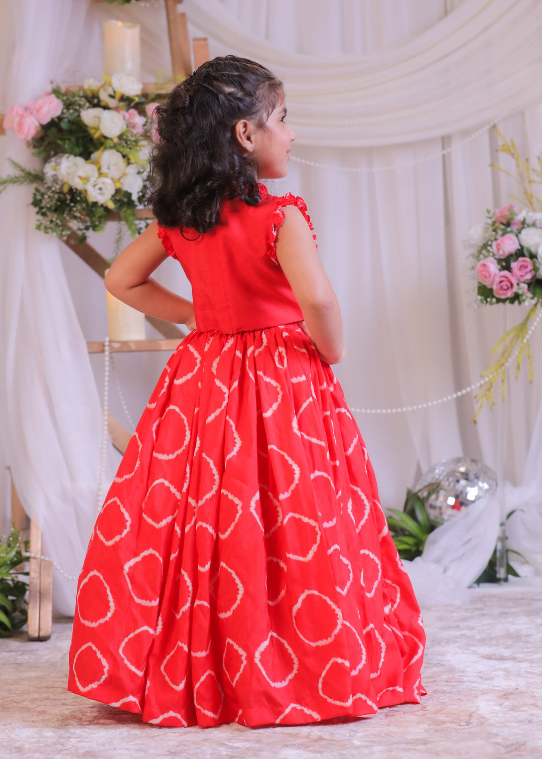 Red Bandhej Embroidered Top With Ghagra Set