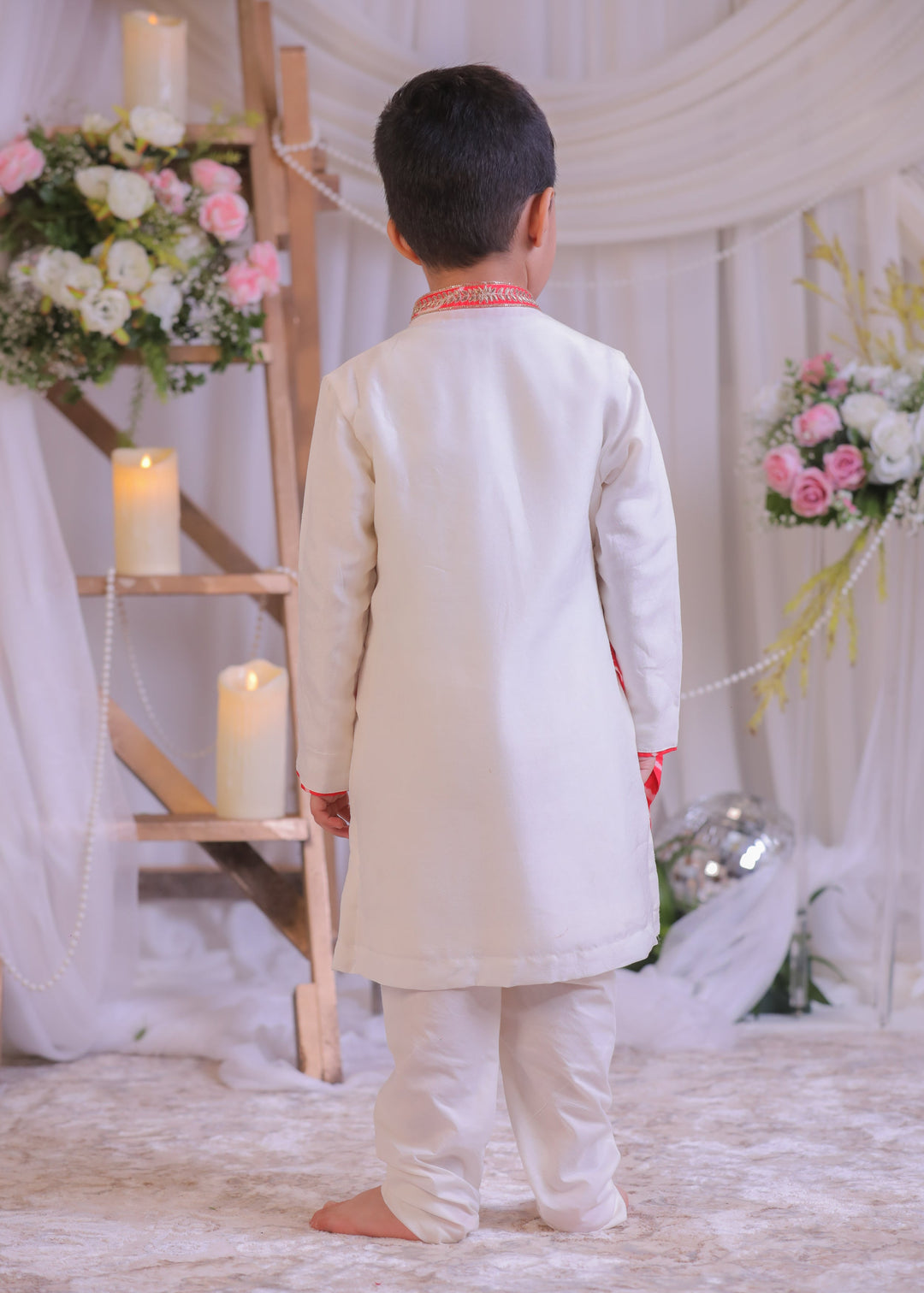 Red And White Bandhej Side Cut Kurta With Churidar Set