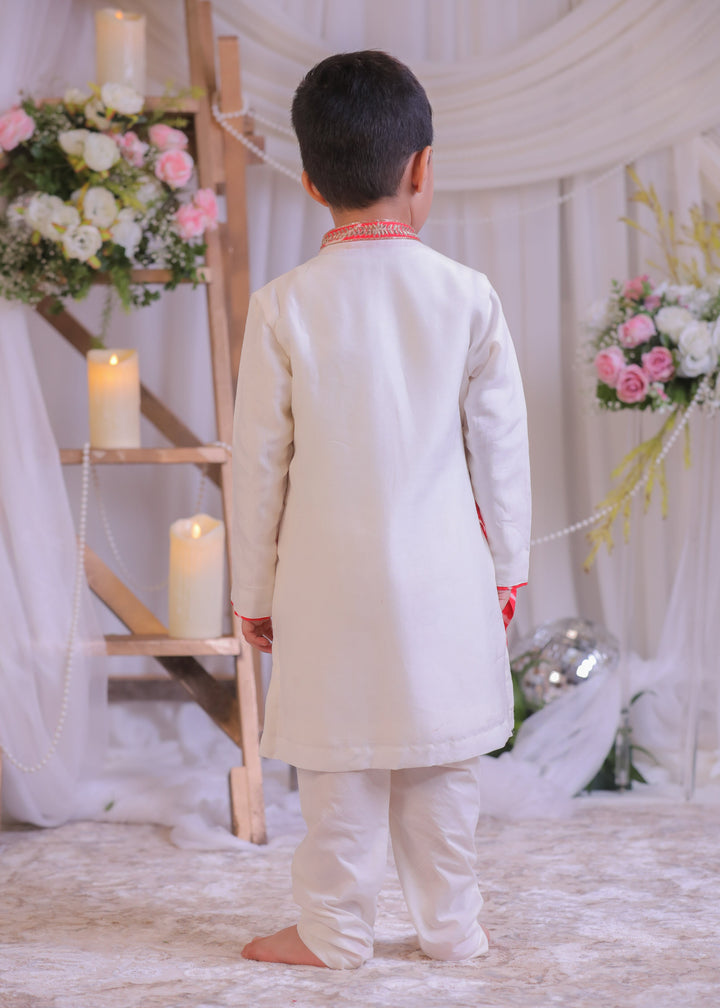 Red And White Bandhej Side Cut Kurta With Churidar Set