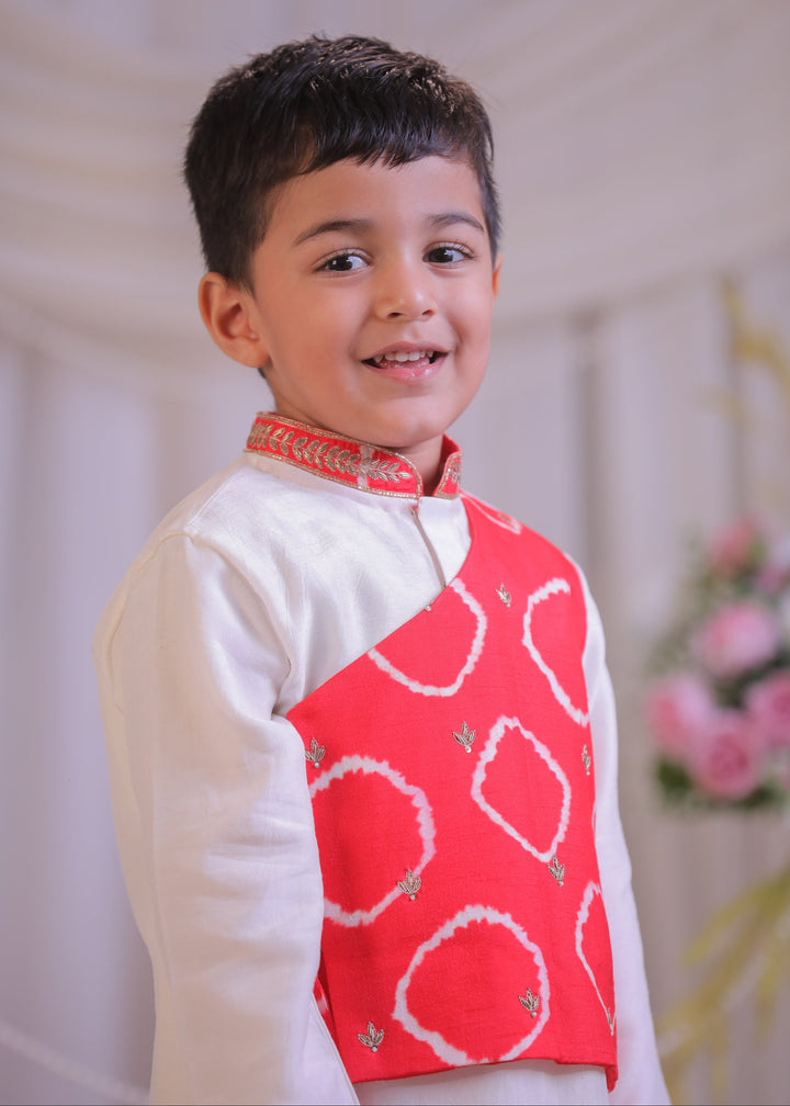 Red And White Bandhej Side Cut Kurta With Churidar Set