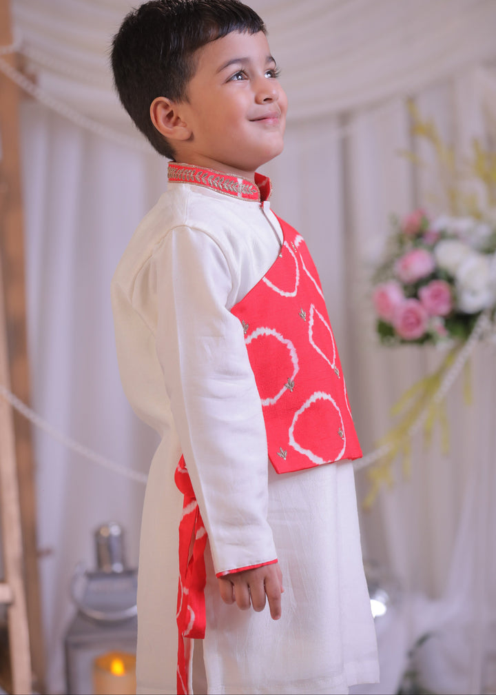 Red And White Bandhej Side Cut Kurta With Churidar Set