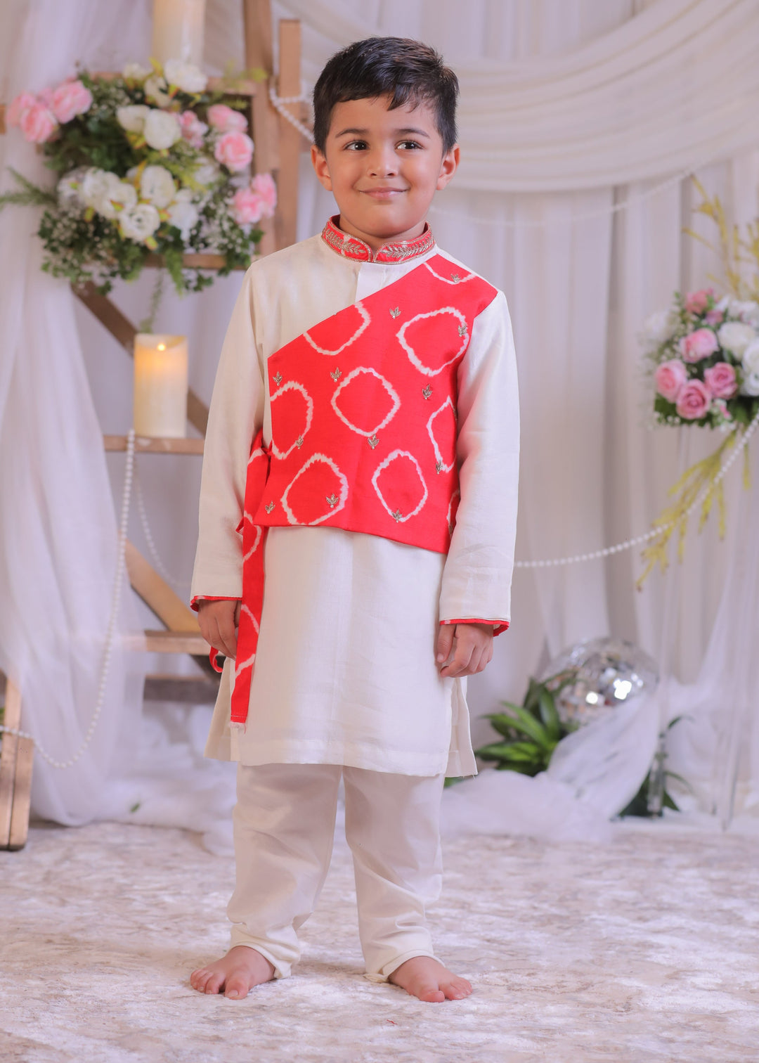 Red And White Bandhej Side Cut Kurta With Churidar Set