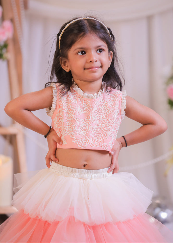 Peach And White Cotton Top With Net Frill Ghagra Set