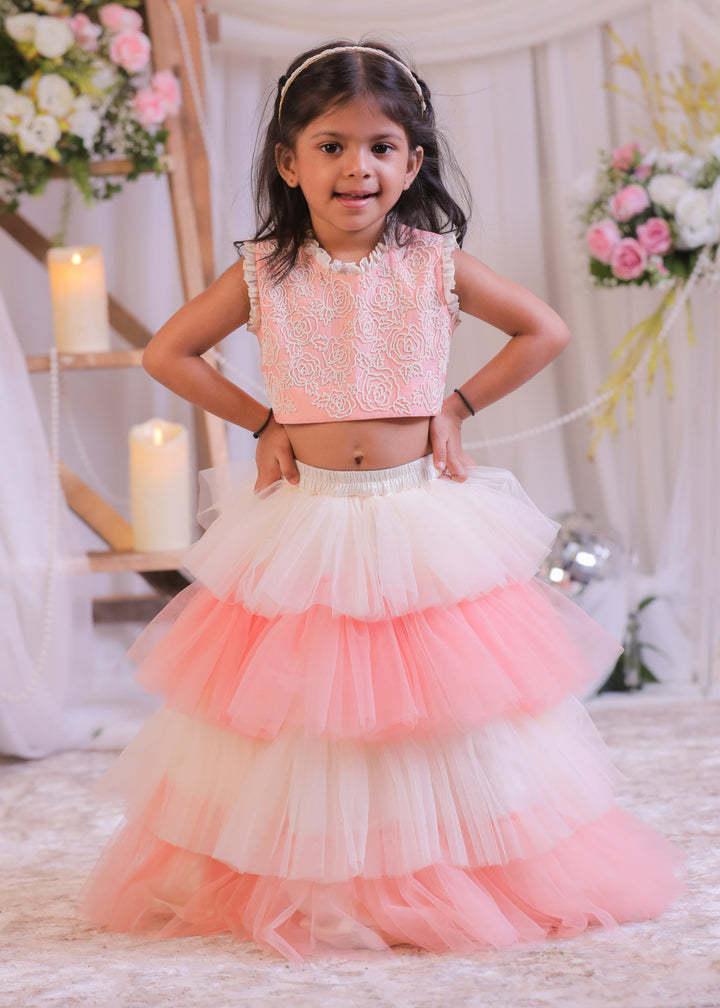 Peach And White Cotton Top With Net Frill Ghagra Set