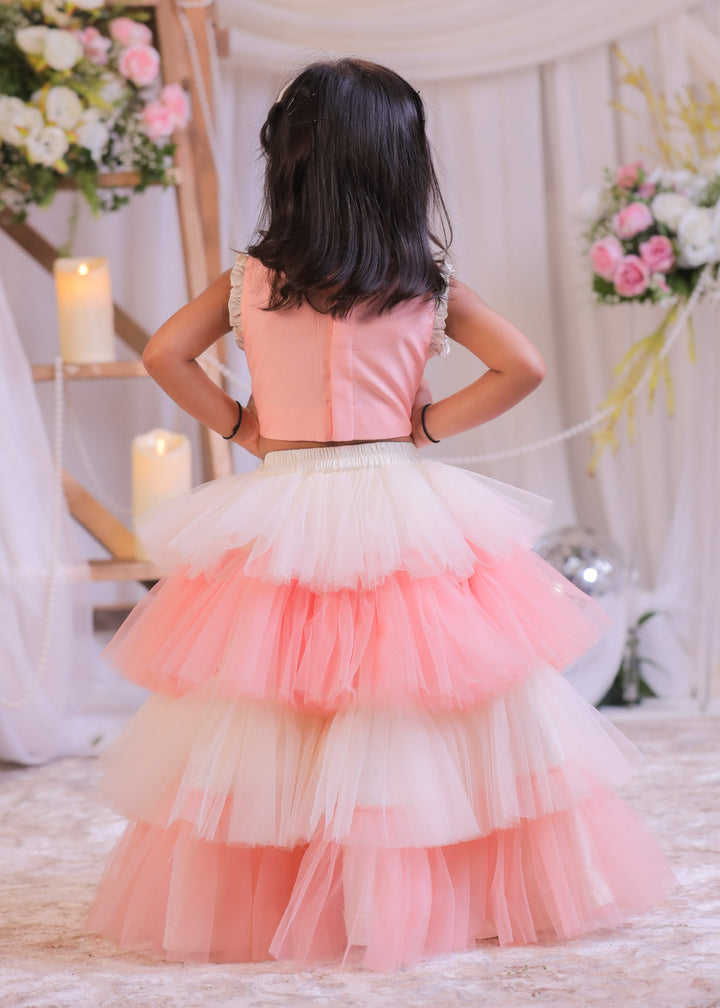Peach And White Cotton Top With Net Frill Ghagra Set