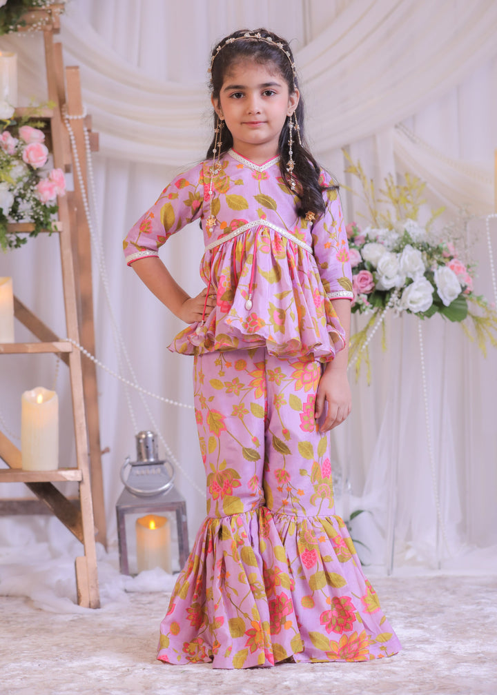 Lilac Pure Muslin Silk Printed Top With Sharara Set