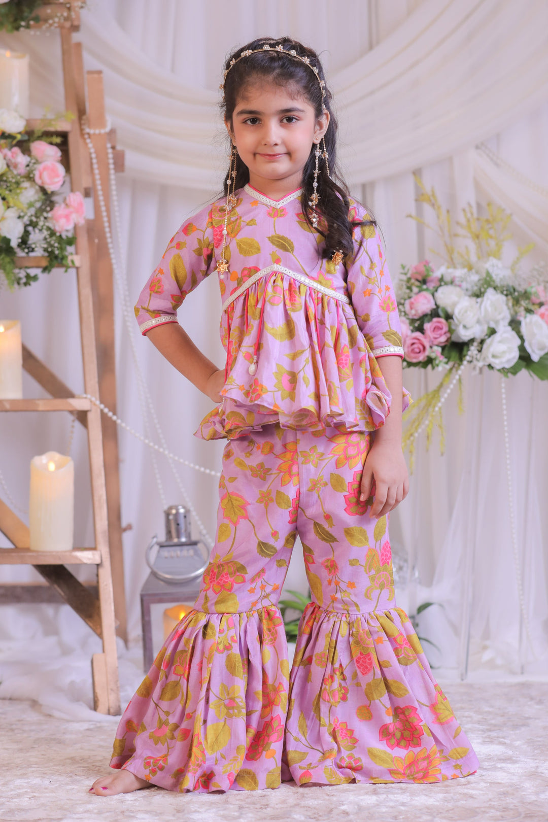 Lilac Pure Muslin Silk Printed Top With Sharara Set