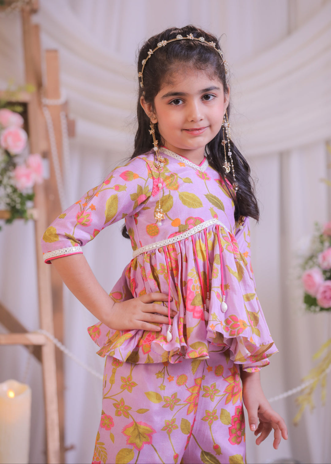 Lilac Pure Muslin Silk Printed Top With Sharara Set