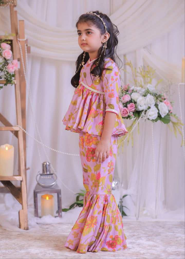 Lilac Pure Muslin Silk Printed Top With Sharara Set