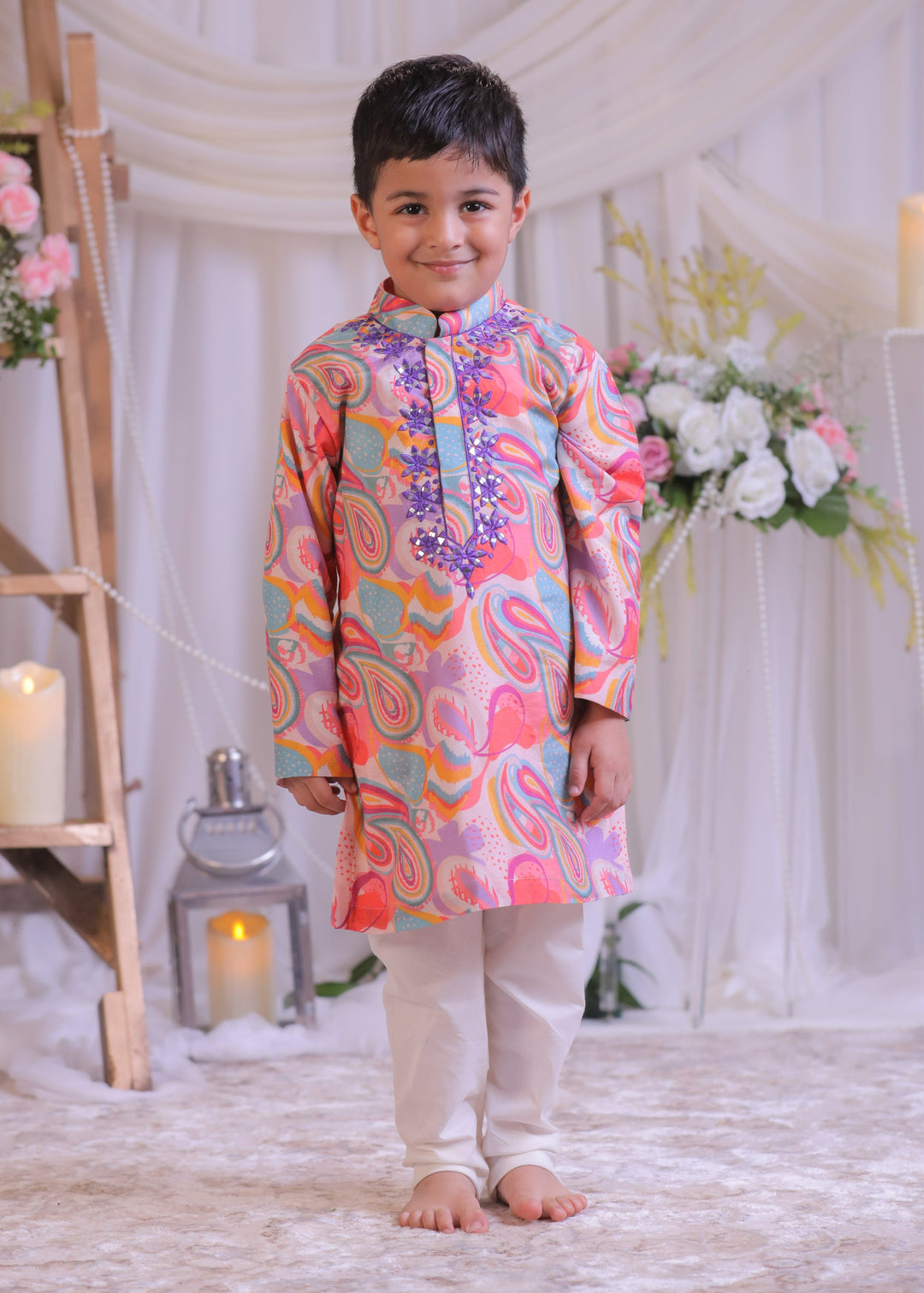 Multicolor Pure Silk Muslin Paisley Abla Embroidered Kurta With Churidar Set