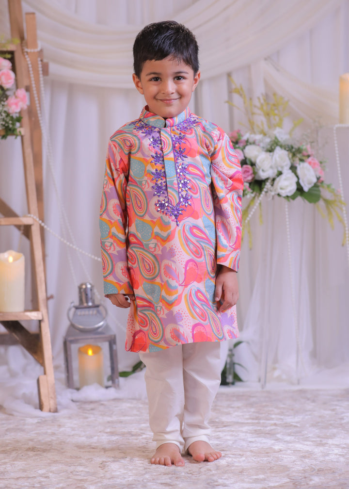 Multicolor Pure Silk Muslin Paisley Abla Embroidered Kurta With Churidar Set