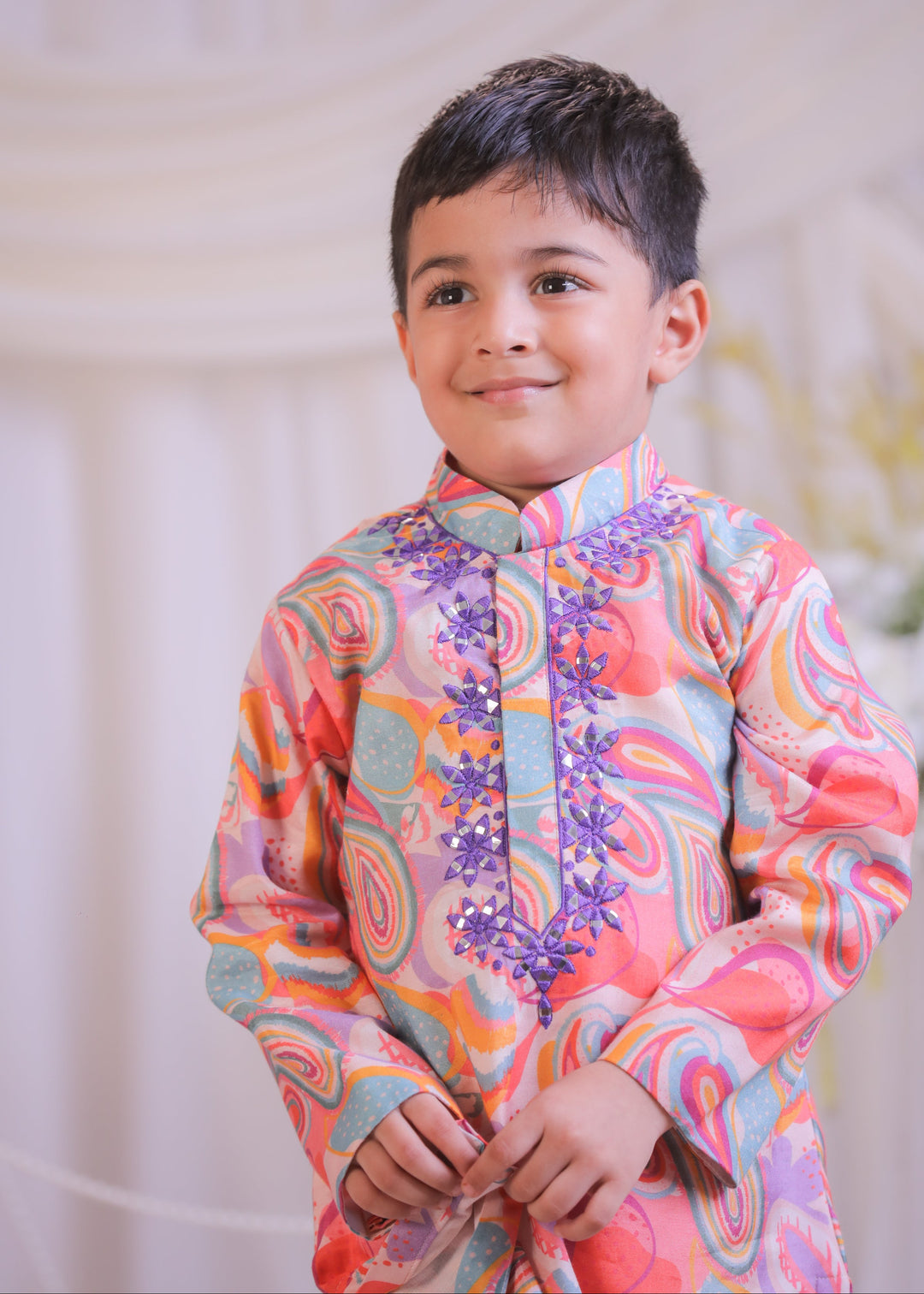 Multicolor Pure Silk Muslin Paisley Abla Embroidered Kurta With Churidar Set