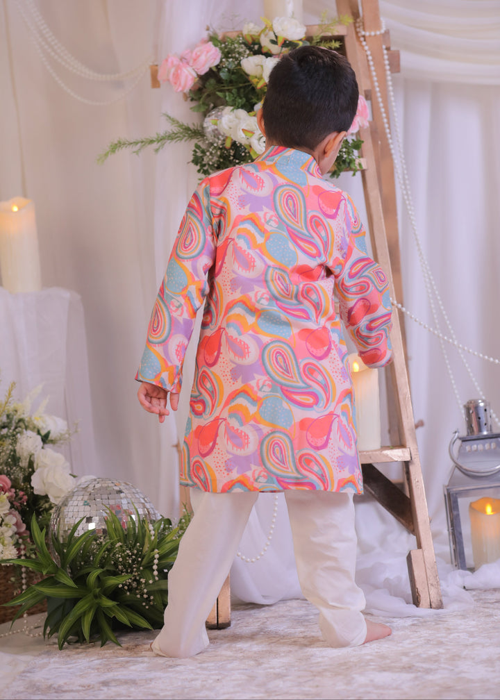 Multicolor Pure Silk Muslin Paisley Abla Embroidered Kurta With Churidar Set