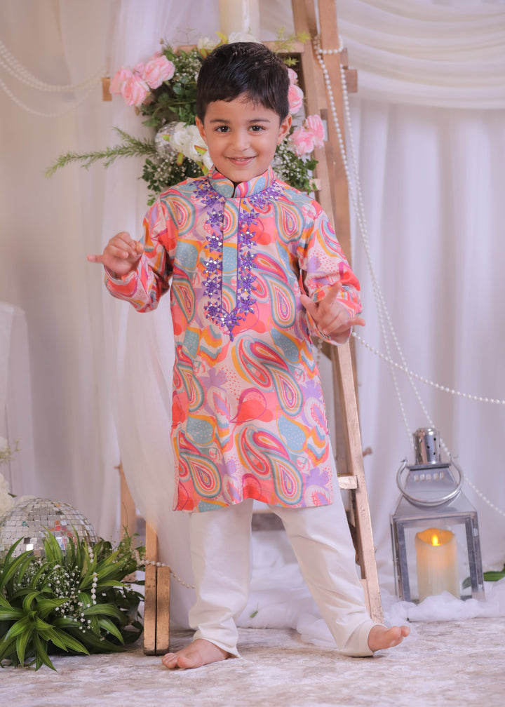 Multicolor Pure Silk Muslin Paisley Abla Embroidered Kurta With Churidar Set