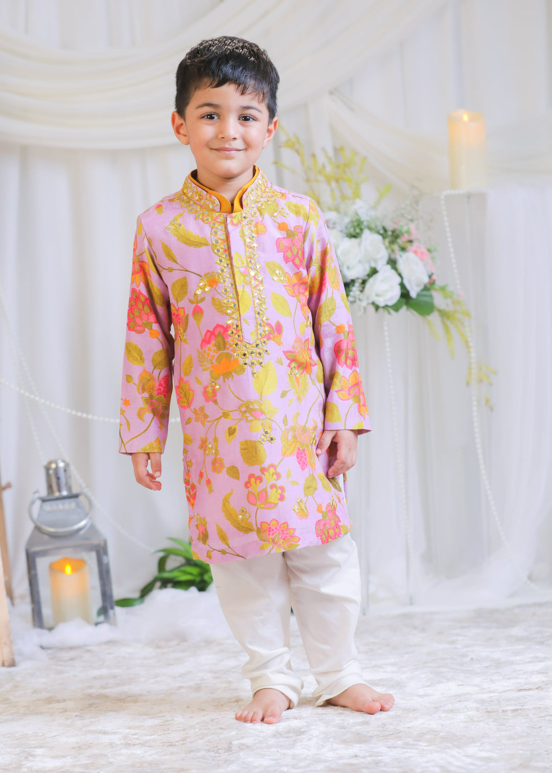 Lilac Pure Muslin Printed Abla Kurta With Churidar Pyjama Set