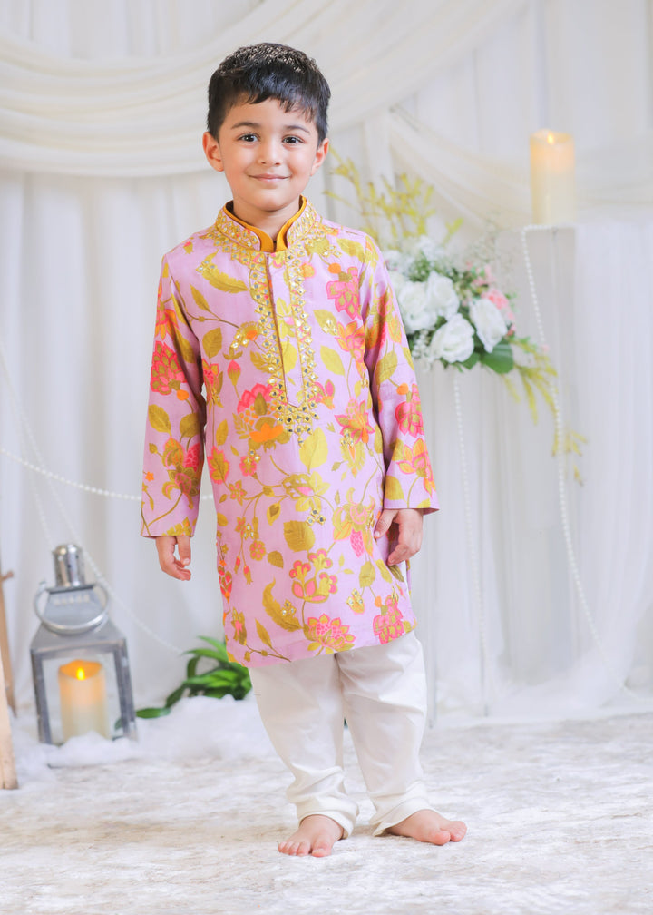 Lilac Pure Muslin Printed Abla Kurta With Churidar Pyjama Set