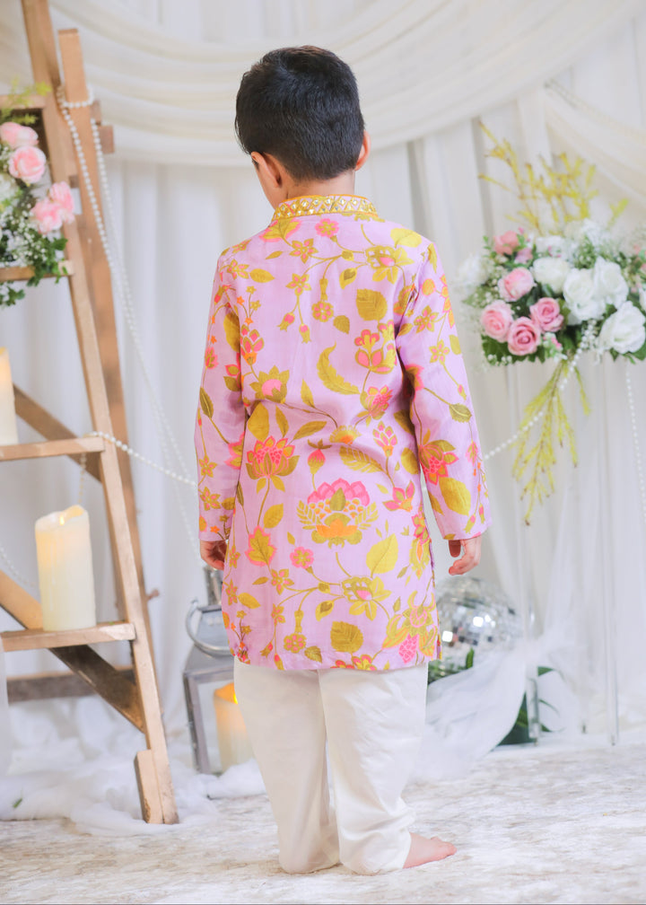 Lilac Pure Muslin Printed Abla Kurta With Churidar Pyjama Set