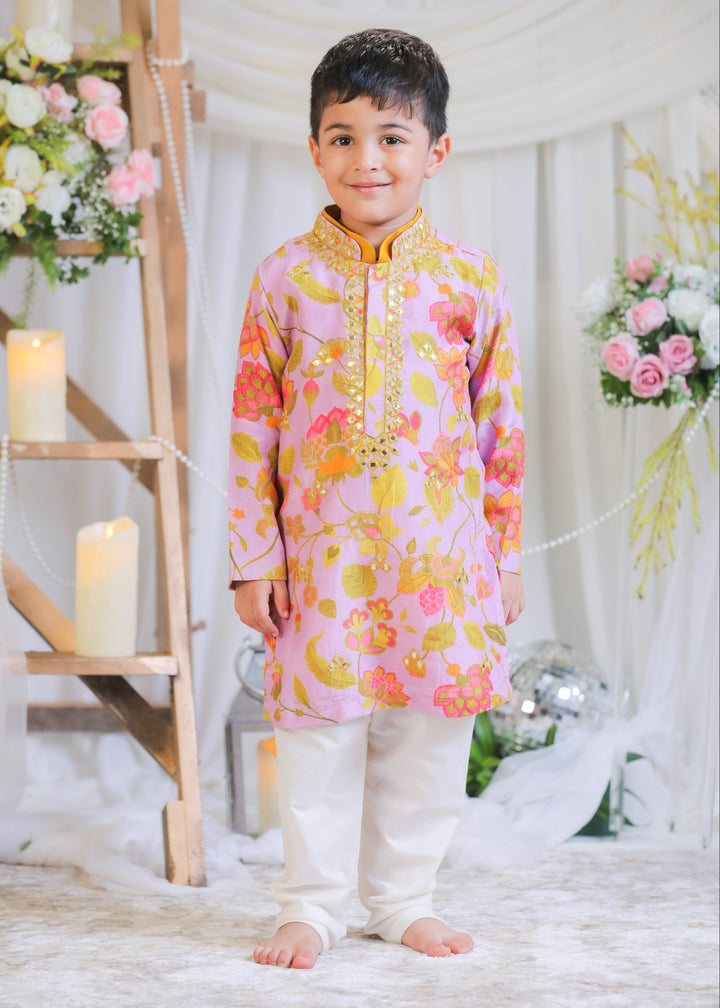 Lilac Pure Muslin Printed Abla Kurta With Churidar Pyjama Set