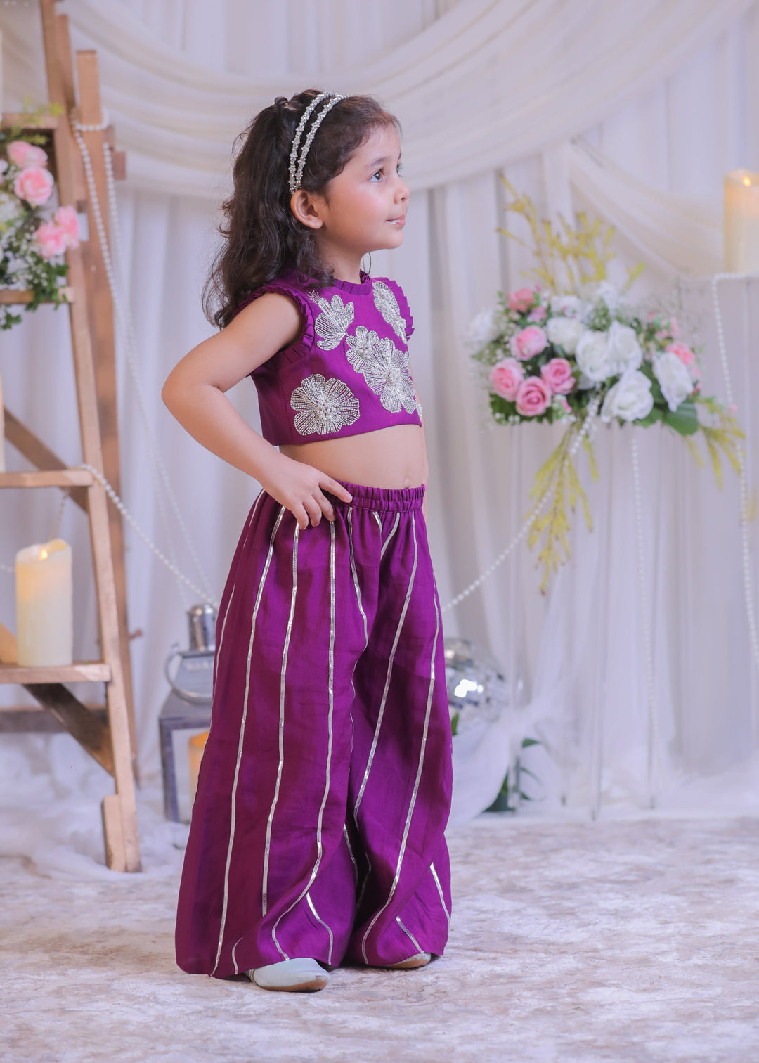 Purple Cutdana Silk Top With Palazzo Set