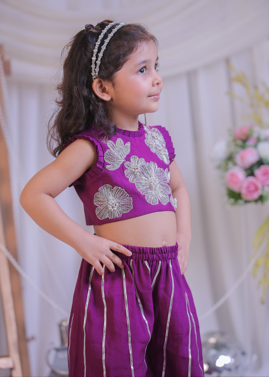 Purple Cutdana Silk Top With Palazzo Set