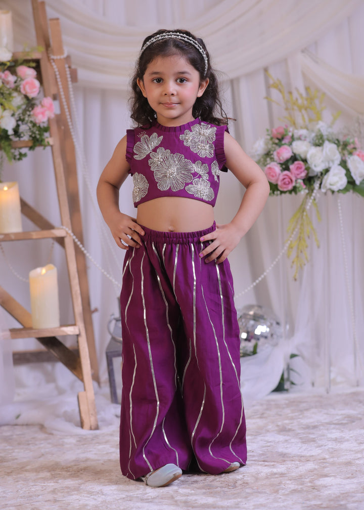 Purple Cutdana Silk Top With Palazzo Set