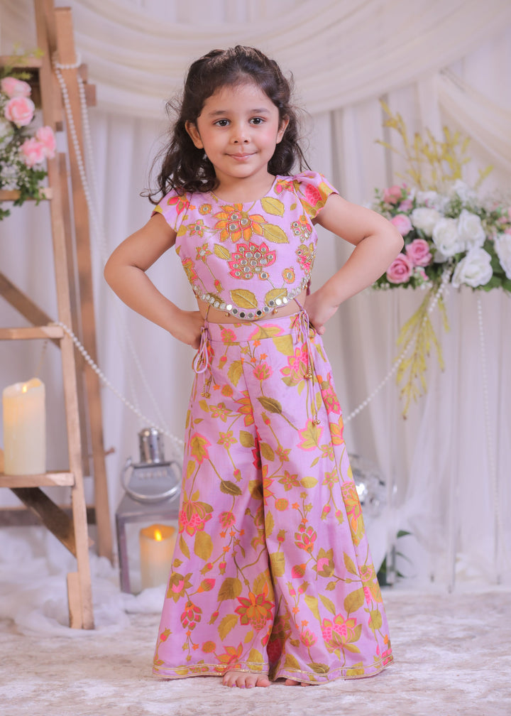 Lilac Pure Muslin Silk Printed Mirror Top With Palazzo Set