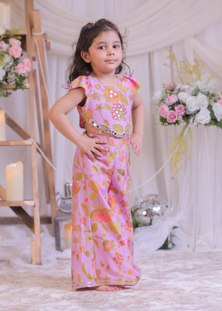 Lilac Pure Muslin Silk Printed Mirror Top With Palazzo Set