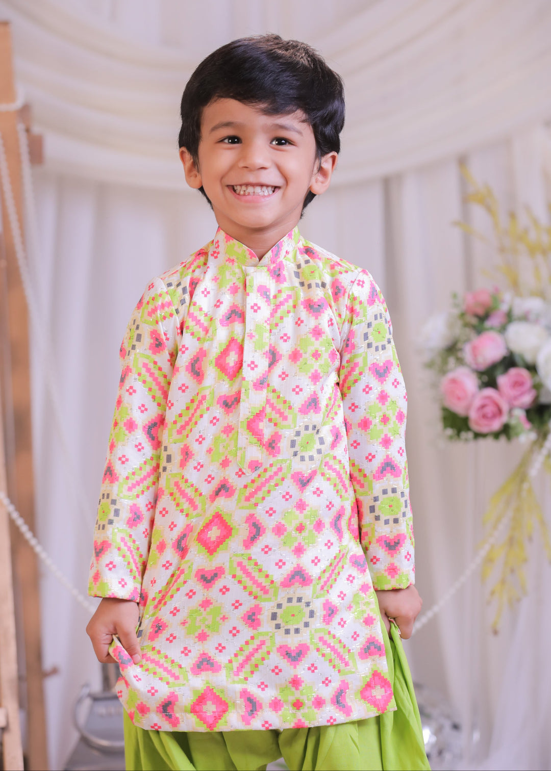 White Green Ikkat Embroidered Weaved Silk Kurta With Patiala Set