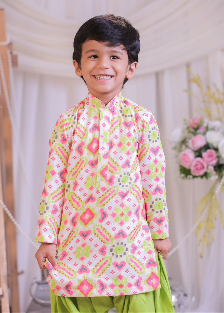 White Green Ikkat Embroidered Weaved Silk Kurta With Patiala Set