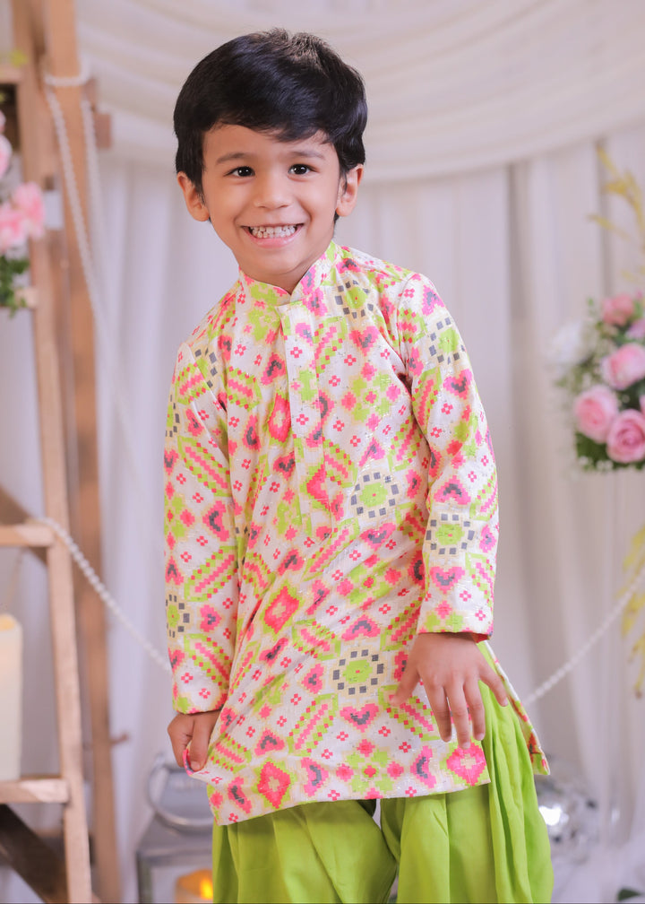 White Green Ikkat Embroidered Weaved Silk Kurta With Patiala Set