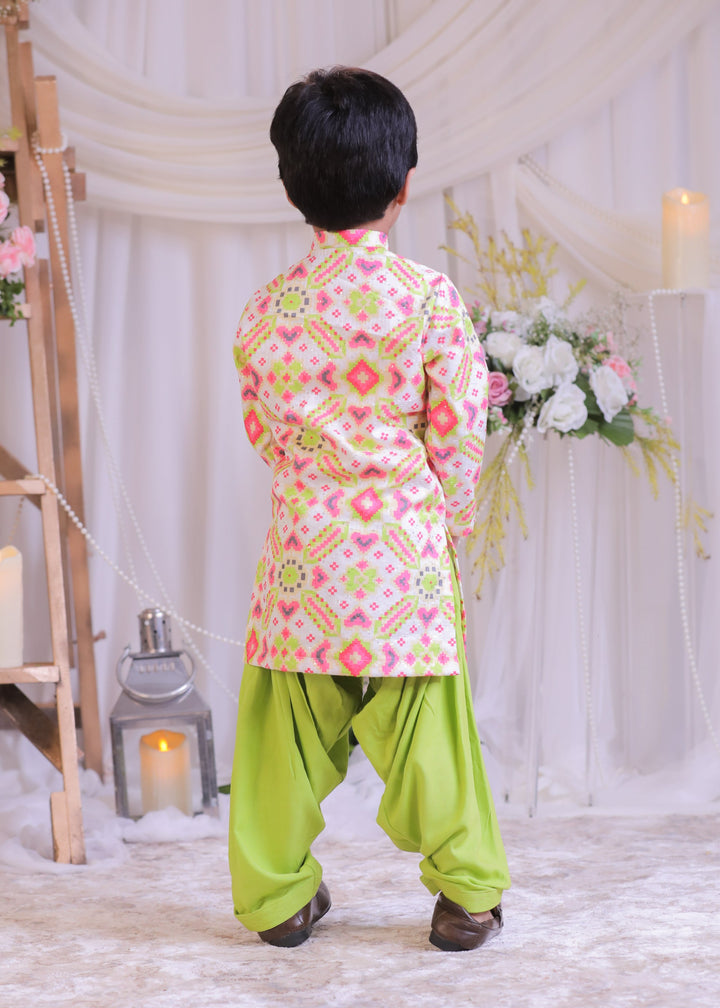 White Green Ikkat Embroidered Weaved Silk Kurta With Patiala Set