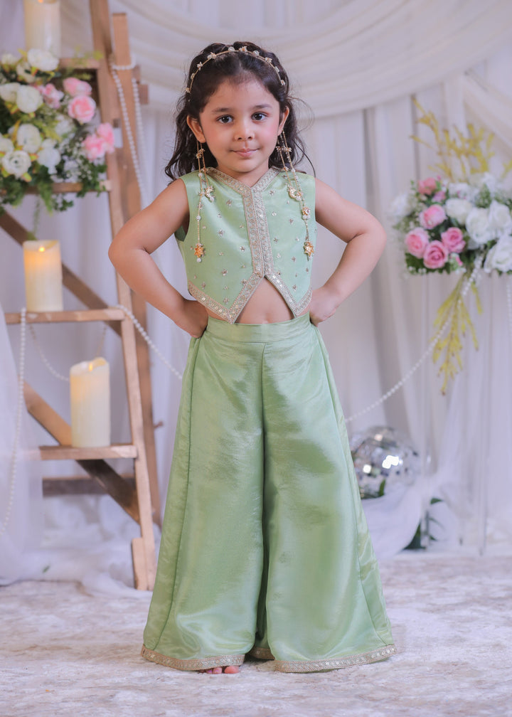 Green Shimmer Silk Tissue Waistcoat Top With Palazzo Set