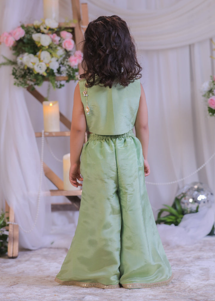 Green Shimmer Silk Tissue Waistcoat Top With Palazzo Set
