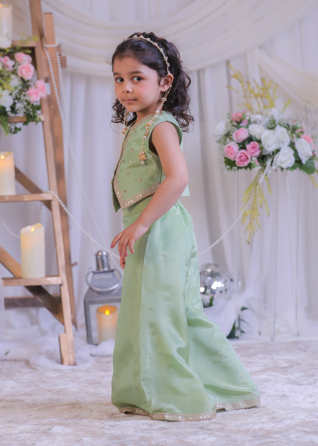 Green Shimmer Silk Tissue Waistcoat Top With Palazzo Set
