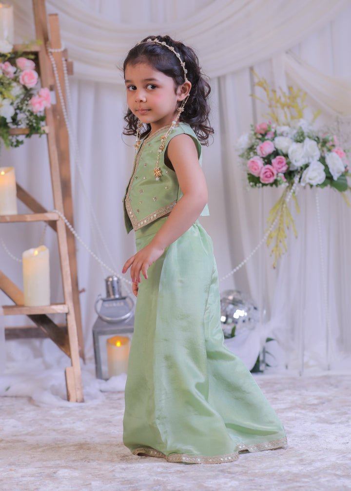 Green Shimmer Silk Tissue Waistcoat Top With Palazzo Set