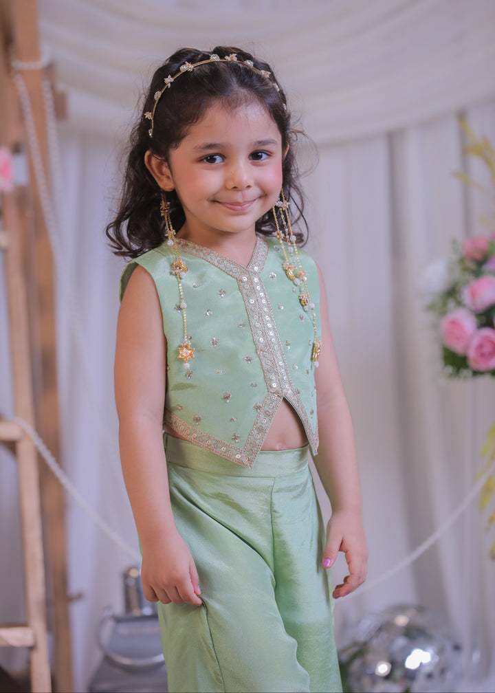 Green Shimmer Silk Tissue Waistcoat Top With Palazzo Set
