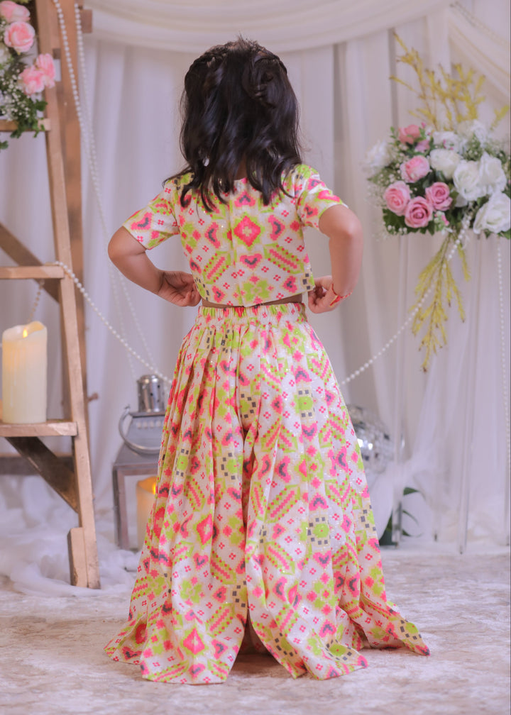 Multicolor Silk Embroidered Ikkat Top With Palazzo Set