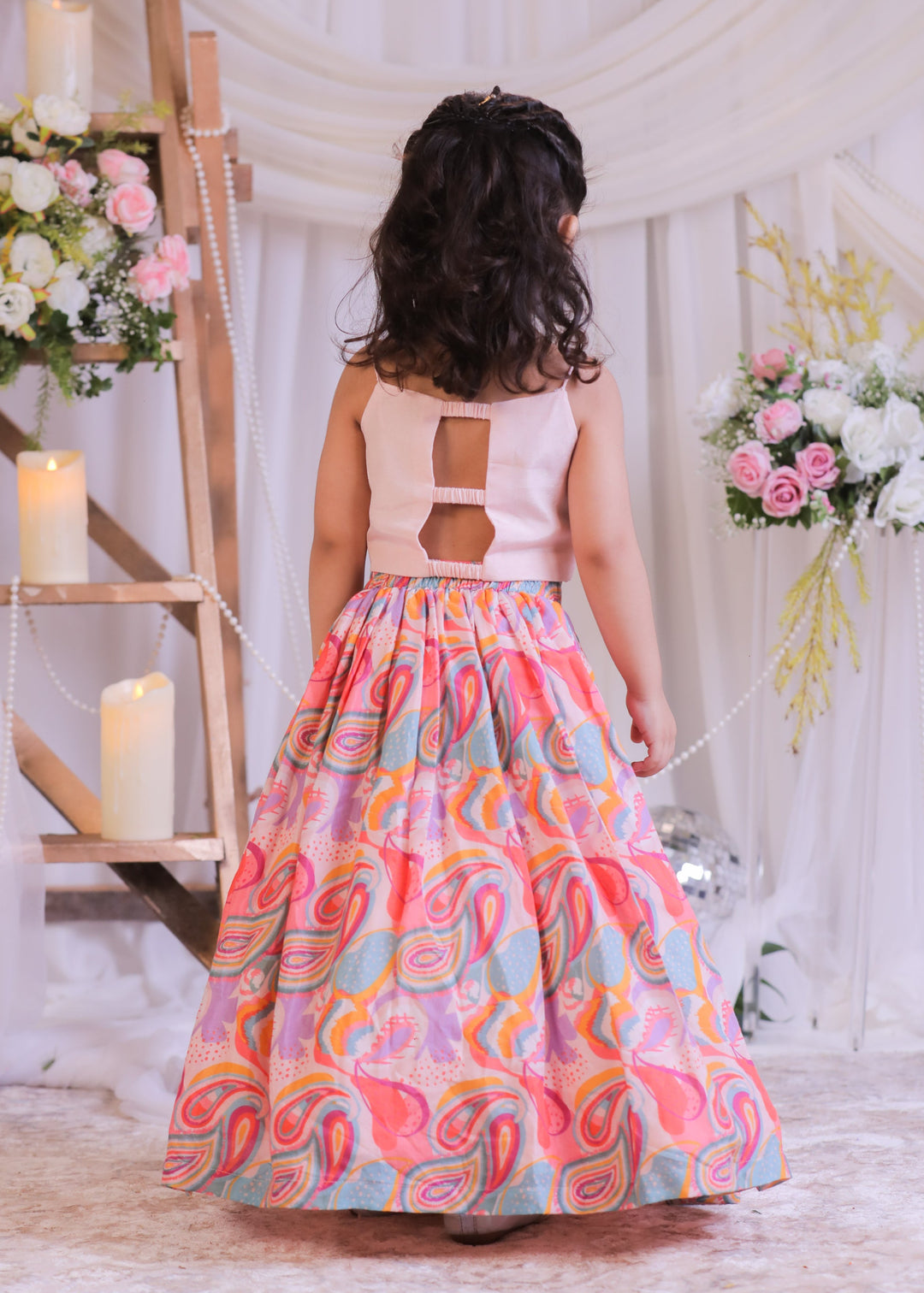Multicolor Pasiley Mirror Silk Pink Top With Ghagra Set