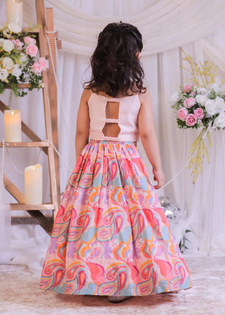 Multicolor Pasiley Mirror Silk Pink Top With Ghagra Set