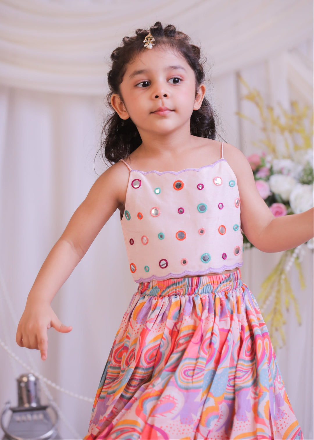 Multicolor Pasiley Mirror Silk Pink Top With Ghagra Set