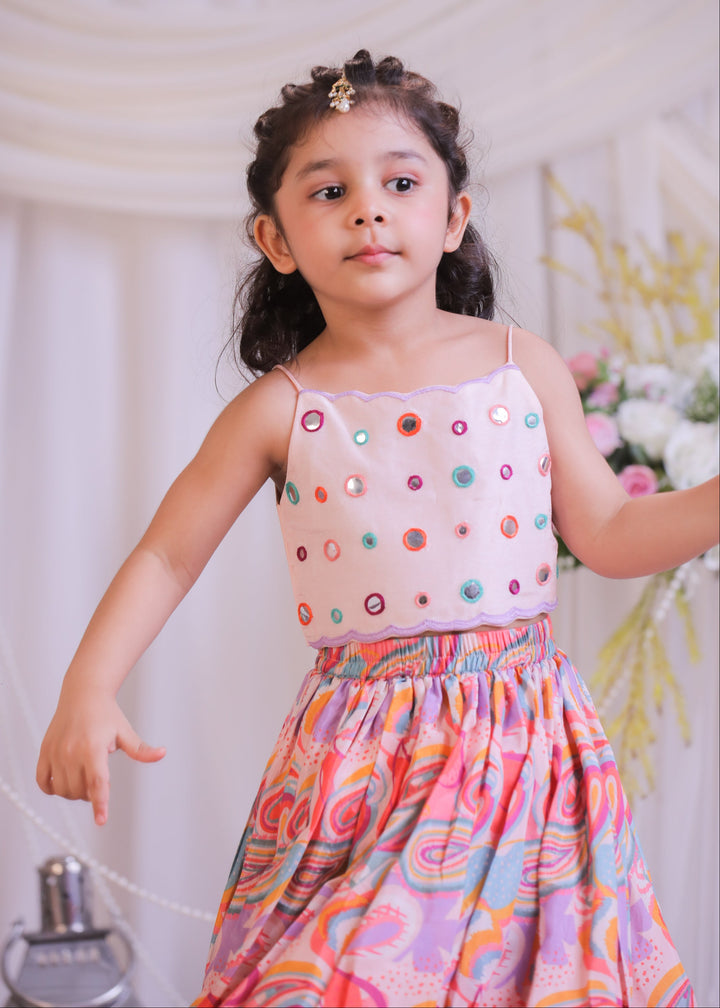 Multicolor Pasiley Mirror Silk Pink Top With Ghagra Set