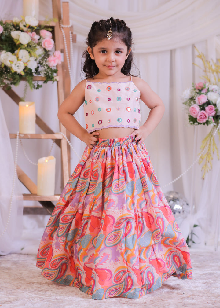 Multicolor Pasiley Mirror Silk Pink Top With Ghagra Set