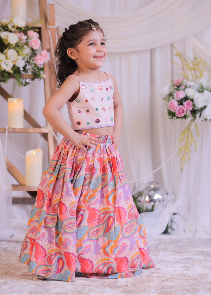 Multicolor Pasiley Mirror Silk Pink Top With Ghagra Set