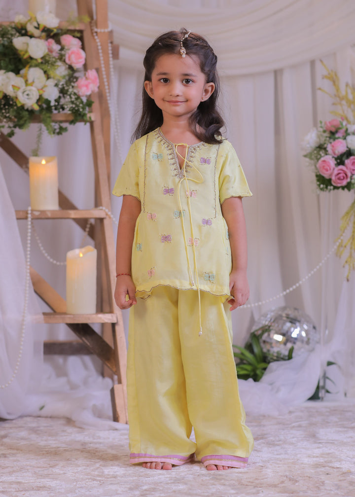 Yellow Shimmer Silk Damru Sequins Embroidered  Kurta With Palazzo Set