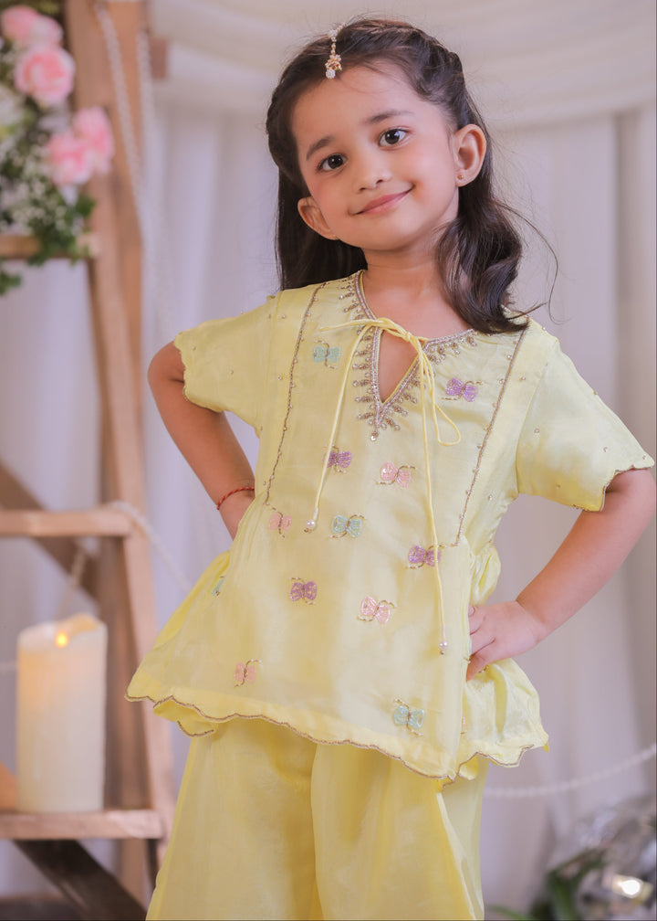Yellow Shimmer Silk Damru Sequins Embroidered  Kurta With Palazzo Set