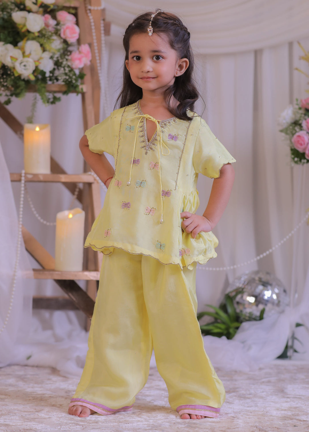 Yellow Shimmer Silk Damru Sequins Embroidered  Kurta With Palazzo Set