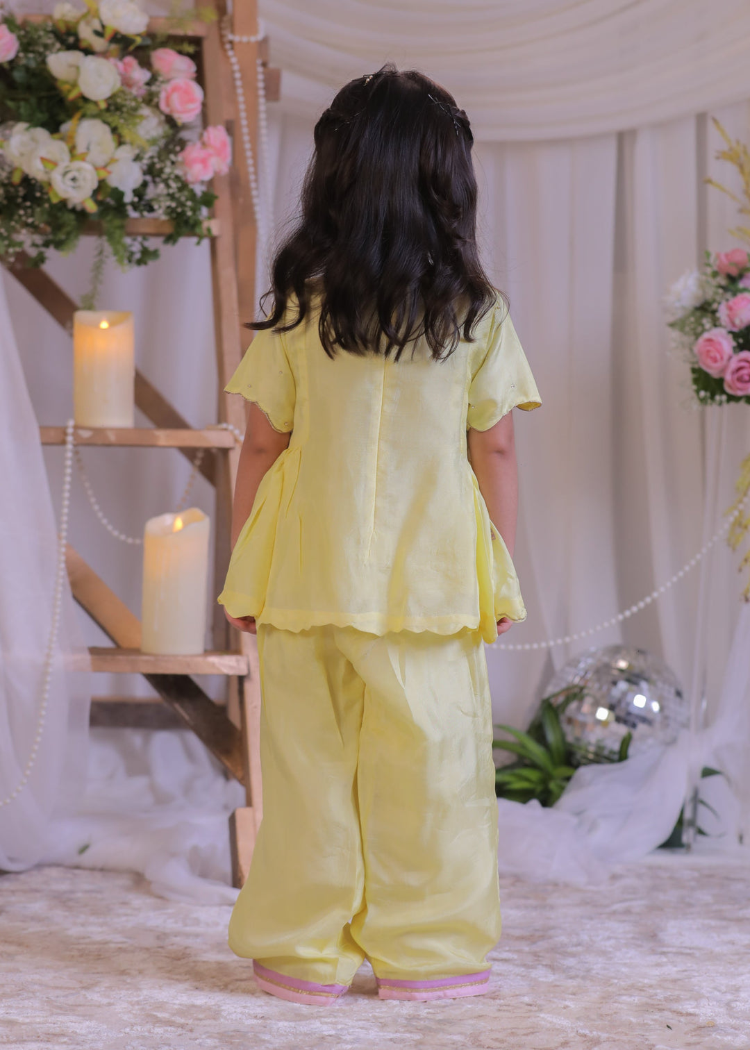 Yellow Shimmer Silk Damru Sequins Embroidered  Kurta With Palazzo Set