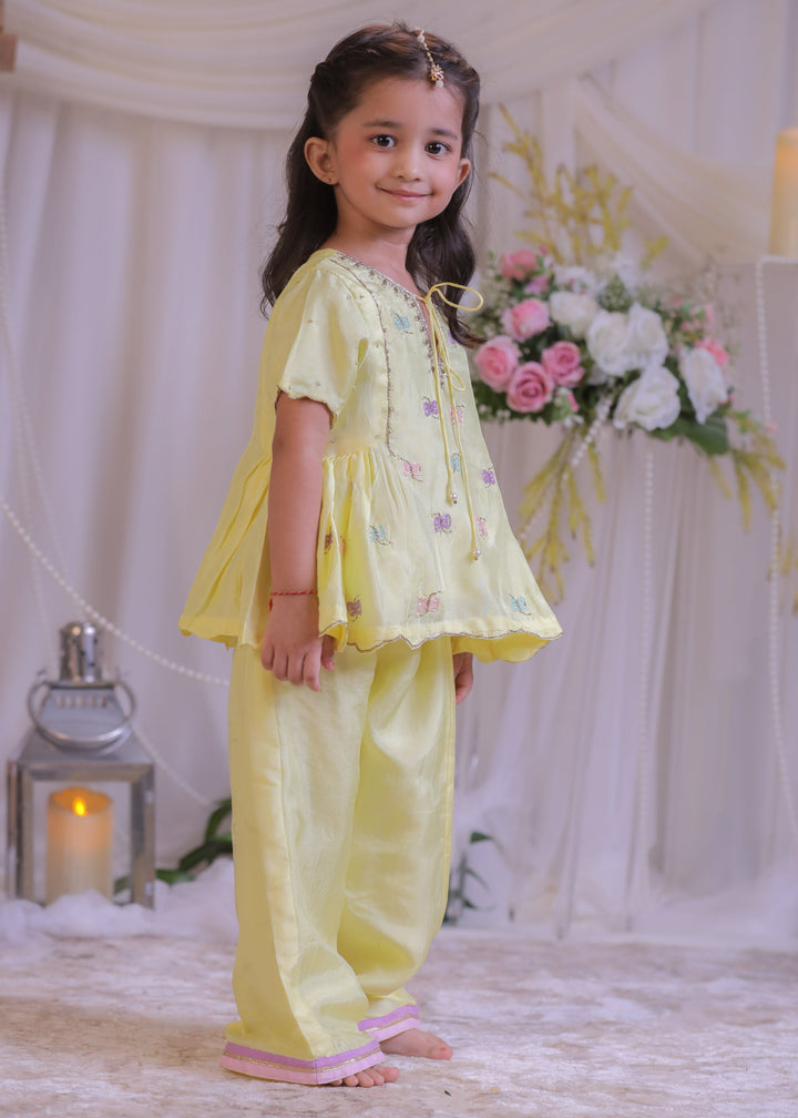 Yellow Shimmer Silk Damru Sequins Embroidered  Kurta With Palazzo Set