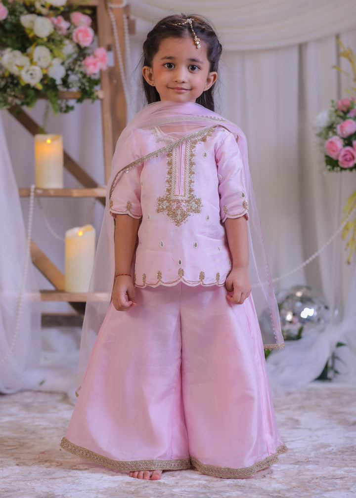 Pink Silk Pearl Embroidered Kurta With Palazzo Set